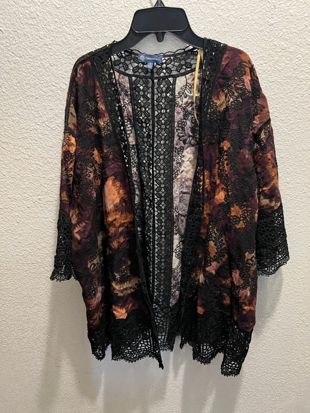 Democracy Open Front Lace Trim Kimono in Black, Purple & Brown
